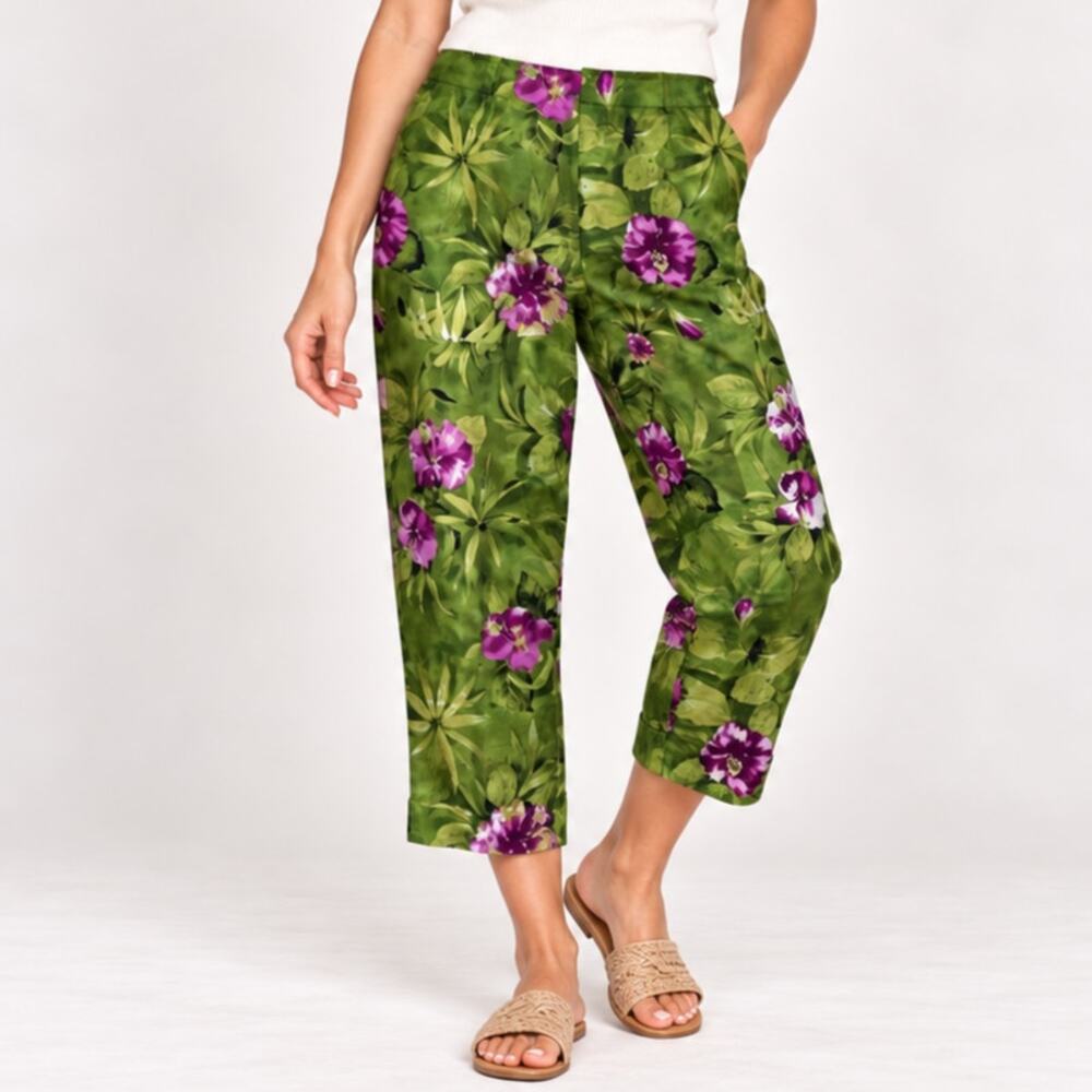 Allison Taylor 100% Silk Cropped Pants Women's Size 8 Green Floral Tropical